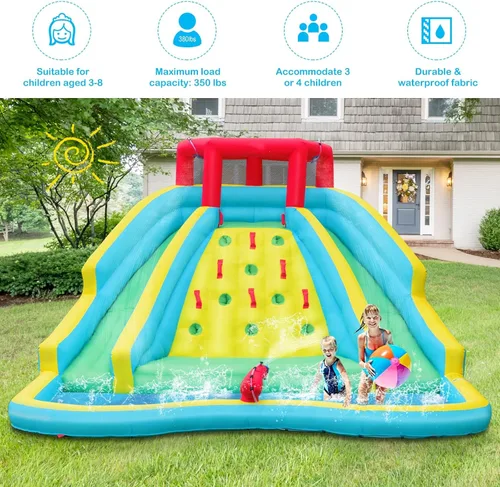 Miniatura 2 de KOTEK Tobogán acuático inflable, parque acuático gigante inflable con piscina grande para salpicaduras, 2 toboganes, pared de escalada y manguera