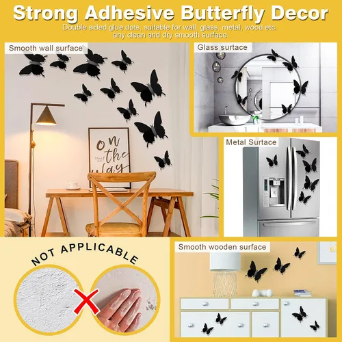 Miniatura 5 de Decoración de pared de mariposa 3D, 48 unidades, calcomanías negras pulidas, 3 tamaños, calcomanías de mariposa duraderas, arte de pared