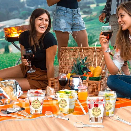 Miniatura 4 de Sieral Paquete de 100 tazas de plástico de postre de 5 onzas con tapas, cucharas, calcomanías, mini vasos transparentes de yogur para aperitivos