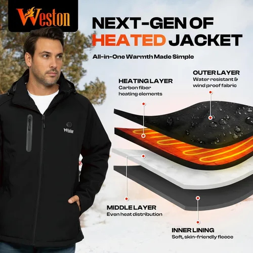 Miniatura 3 de WESTON Abrigo térmico para hombre, 4 zonas de calefacción, 7.4 V, batería recargable de 4800 mAh, 3 niveles de calor ajustables