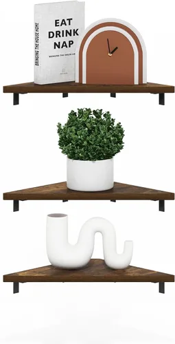Miniatura 9 de Furinno Rossi - Estantes flotantes triangulares para pared, juego de 3 estantes geométricos de esquina, estantes montados en la pared para baño