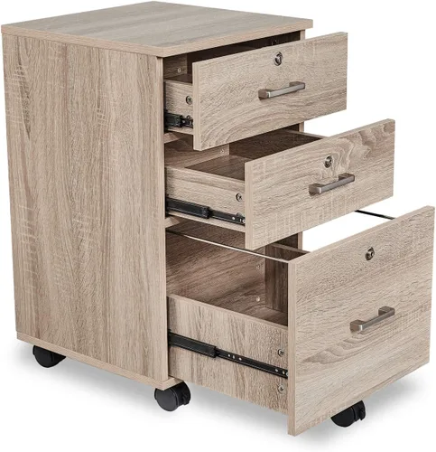 Miniatura 9 de Bonnlo - Archivador de madera con 3 cajones, cerradura y ruedecillas, en roble