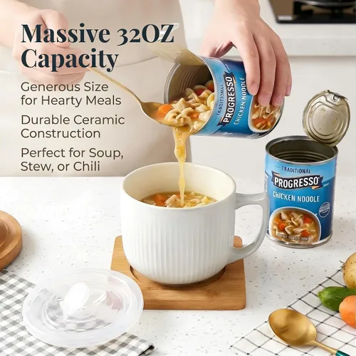 Miniatura 4 de Tazón de sopa de cerámica con asa de 32 onzas – Tazón de ramen para microondas con tapa, tazas y tazas de sopa para cereales, avena, ramen, fideos
