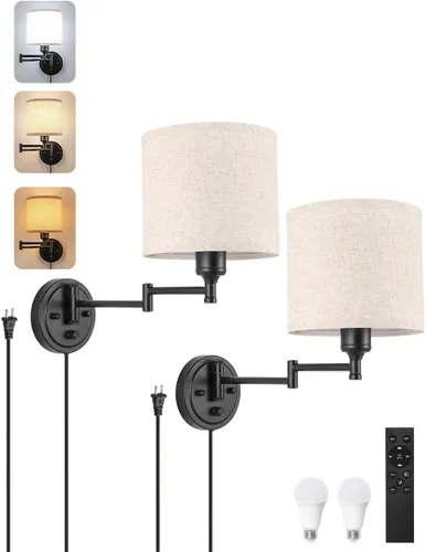 Apliques de pared enchufables con control remoto, atenuación del 10% al 100% y colores ajustables 2700K-6500K, cableado fijo o enchufable, lámpara