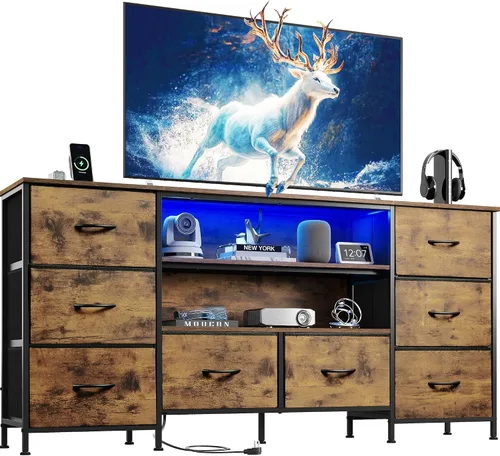 Miniatura 8 de WLIVE Mueble Tocador para TV de 50, 55, 60 pulgadas, Centro de Entretenimiento con Luces LED y Cajones de Tela, Tocador Mueble para TV