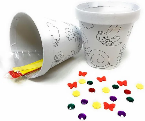 Funiverse Paquete de 12 macetas de cartulina a granel para niños, proyectos de primavera y Pascua, recuerdos de fiesta con insectos de espuma,