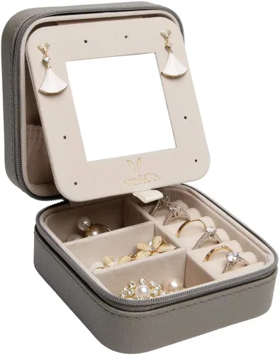 Vee - Joyero de viaje pequeño, organizador de joyas portátil con espejo, estuche de almacenamiento para aretes, anillos, collares, regalo para