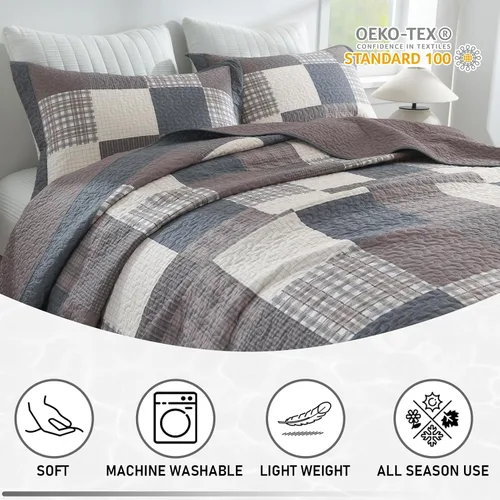 Miniatura 8 de KALOOLA Colcha de granja tamaño King – Juego de ropa de cama acolchada ligera 100% algodón, 3 piezas, colcha a cuadros estampada con 2 fundas