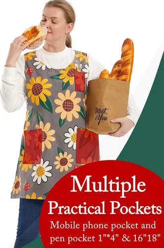 Miniatura 4 de Delantales de talla grande para mujer con bolsillos, delantales de algodón y lino, delantales para hornear, cocina, cocina Sun Flowers