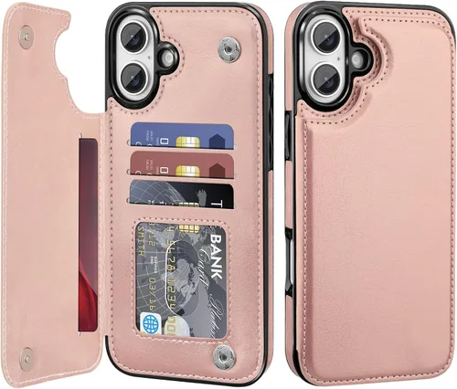 Miniatura 30 de Bizzib para iPhone 16 Plus funda tipo billetera con soporte para tarjetas, funda protectora a prueba de caídas y golpes de poliuretano premium