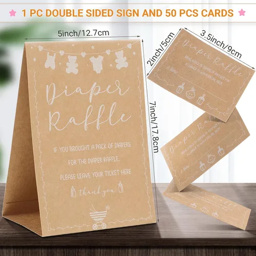Miniatura 2 de 50 boletos para rifas de pañales y 1 letrero para juegos de baby shower, invitaciones para baby shower con tarjetas de sorteo de pañales, papel