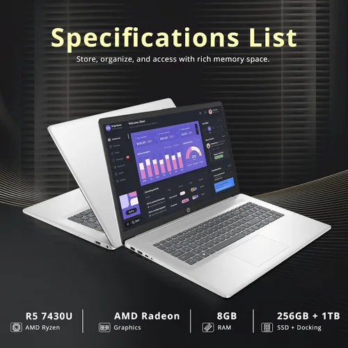 Miniatura 3 de HP 17.3" Diagonal FHD Laptop, AMD Ryzen 5 7430U, 8GB DDR4, 1.25TB Storage(256GB SSD+1TB Docking Station), AMD Radeon Graphics, Numeric keypad, 720p