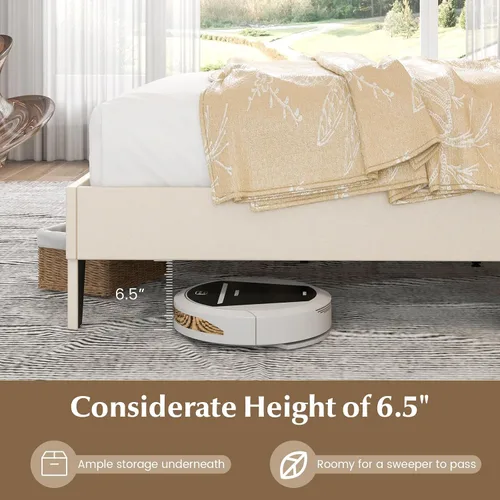 Miniatura 6 de Giantex Base de cama tamaño matrimonial color beige, plataforma tapizada de tela de lino con cabecera de clavos, base de colchón con botones