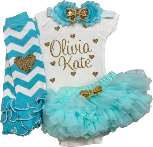 Miniatura 10 de Traje personalizado de baby girl para baby shower, con nombre personalizado con purpurina y corazón, tutú con diadema y calentadores de piernas