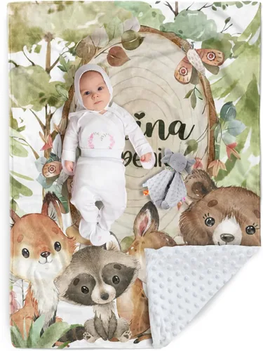 Miniatura 25 de Manta de bebé personalizada, nombre personalizado con diseño de animales del bosque, manta de felpa suave con respaldo punteado de doble capa