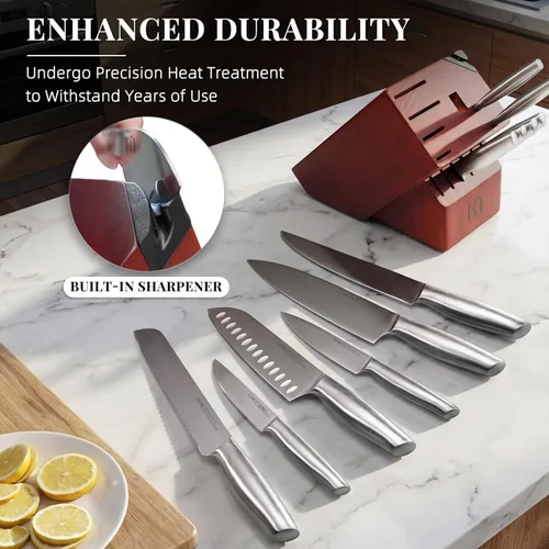 Miniatura 5 de KnifeSaga Juego de cuchillos de acero inoxidable japonés de alto carbono, 14 piezas, juego de cuchillos de cocina con afilador integrado y bloque