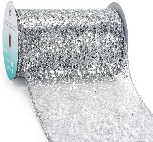 Miniatura 11 de Cinta con alambre de malla brillante con purpurina de 6 x 10 yardas, color negro para decoración del hogar, lazo para envolver regalos