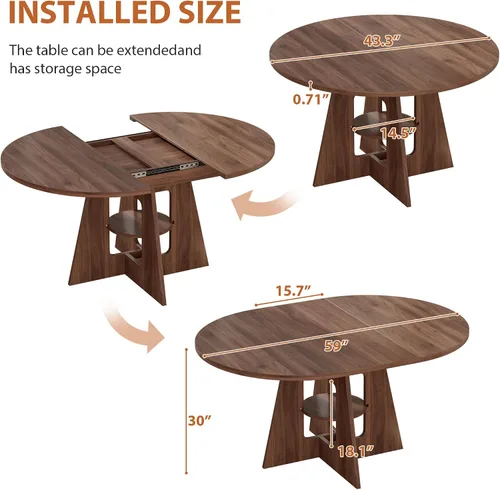 Miniatura 2 de Mesa de comedor redonda extensible para 4-8, mesa de comedor moderna de cocina de 43.3 a 59 pulgadas con estante de almacenamiento, mesa de comedor