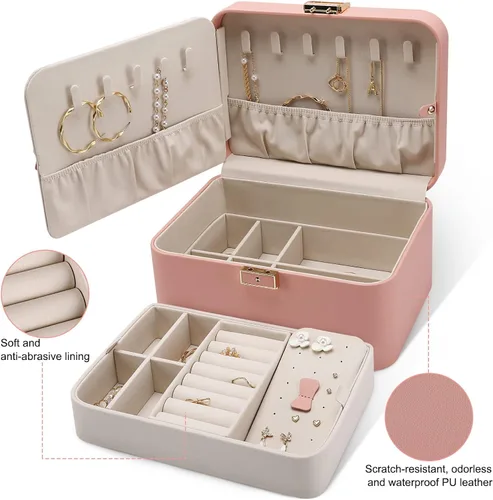 Miniatura 2 de KAMIER Joyeros para mujer 2 capas de piel sintética caja de joyería de viaje gran capacidad doble cerradura y espejo grande ganchos ocultos