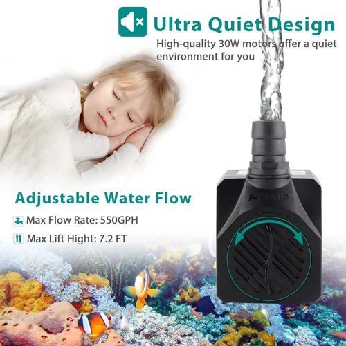 Miniatura 3 de FREESEA Bomba sumergible para acuario: 30 W 550 GPH bombas de agua silenciosas ajustables con elevación de 7.2 pies de altura para estanques