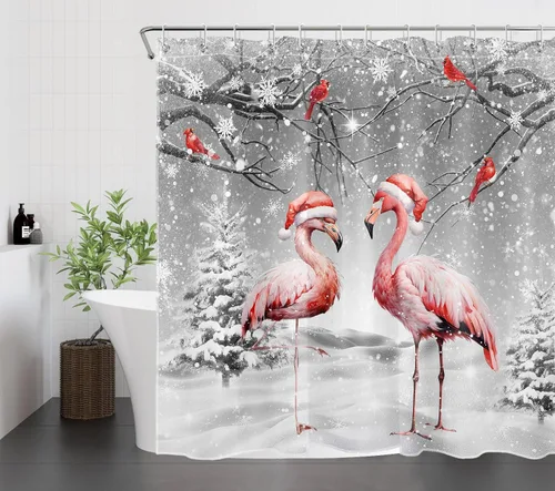 Miniatura 5 de HVEST Cortina de ducha de invierno de Navidad con alfombras de baño, flamenco rosa y cardenales en bosque nevado gris, cortina de ducha y tapete