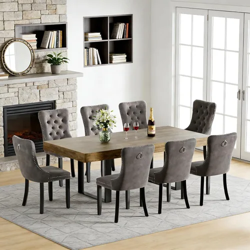 Miniatura 24 de Juego de mesa de comedor extensible de 5 piezas para 4, mesa de cocina de madera marrón de 63-78.7 pulgadas con 4 sillas acolchadas beige, juego