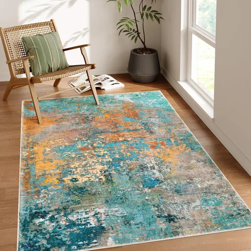 Miniatura 41 de Lahome Alfombra redonda moderna abstracta de 3 pies, color azul, lavable, de 3 x 3 pies, para cocina, entrada, suave, pequeña, antideslizante