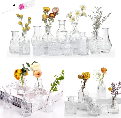 Miniatura 11 de Juego de 12 jarrones de cristal con brocha, jarrones de cristal para centros de mesa lindos, mini jarrón transparente a granel para decoraciones