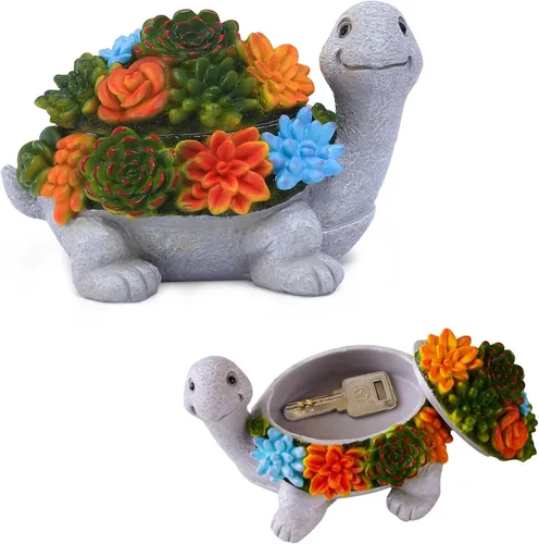 Estatua oculta de llave de tortuga para exteriores, bonita tortuga suculenta oculta una llave decorativa para exteriores, pequeña caja de regalo