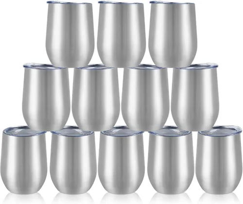 Miniatura 2 de Paquete de 12 vasos de vino de acero inoxidable, 12 onzas, doble pared, aislados al vacío, con tapas y pajitas, copas de vino sin tallo de acero
