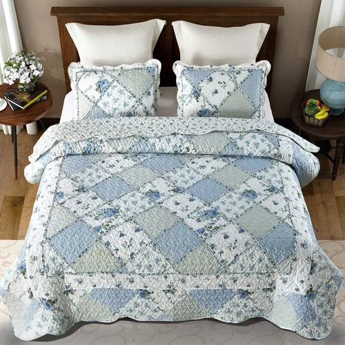 Miniatura 3 de VIVILINEN Juego de edredón de retazos florales azules, tamaño matrimonial, juego de ropa de cama de 3 piezas con 2 fundas de almohada