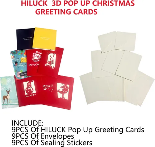 Miniatura 3 de Tarjetas de felicitación de Navidad 3D, 9 unidades, tarjetas emergentes hechas a mano con sobre, juego de 9, para Navidad, Año Nuevo, vacaciones