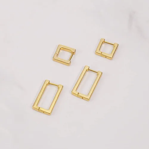 Miniatura 5 de 2 pares de aretes de aro minimalistas chapados en oro de 14 quilates, pequeños y delicados aretes geométricos cuadrados y rectangulares para niñas