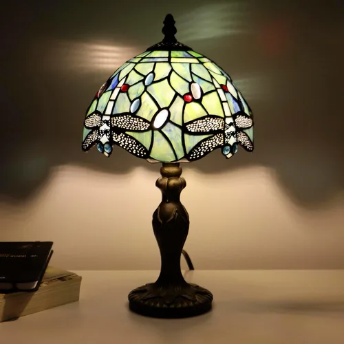 Miniatura 16 de Lámpara de mesa de hongo Tiffany estilo libélula lámpara de acento de vidrio teñido azul marino base de vidrio marrón azul 8X8X12 pulgadas
