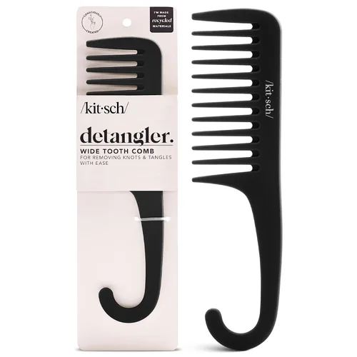 Miniatura 8 de Kitsch Peine de dientes anchos para rizos, herramienta desenredante de mango curvado para cabello rizado, húmedo y grueso, peine de ducha sin