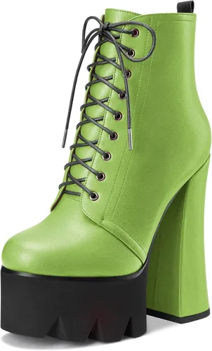 Miniatura 13 de HDEUOLM Botas de tobillo con tacón alto de bloque grueso para mujer, puntera redonda, botines cortos con cordones y cremallera, zapatos clásicos