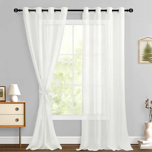 Miniatura 17 de Hiasan - Cortinas traslúcidas de gasa cortas semitransparentes con ojales y alzapaños filtrantes de luz para ventana, dormitorio, baño, 2 paneles