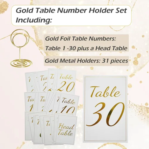 Miniatura 5 de Tarjetas de números de mesa doradas con soportes, 1-30 tarjetas de lugar doradas con soportes, número de mesa de doble cara de 4 x 6 para boda
