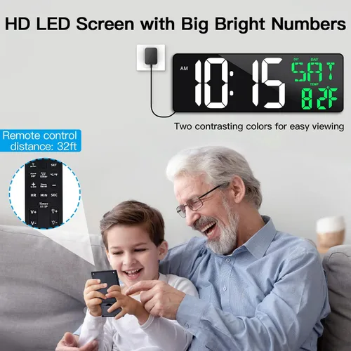 Miniatura 2 de Reloj de pared digital grande de 17 pulgadas con control remoto, atenuador de brillo automático, reloj de pared digital con pantalla grande