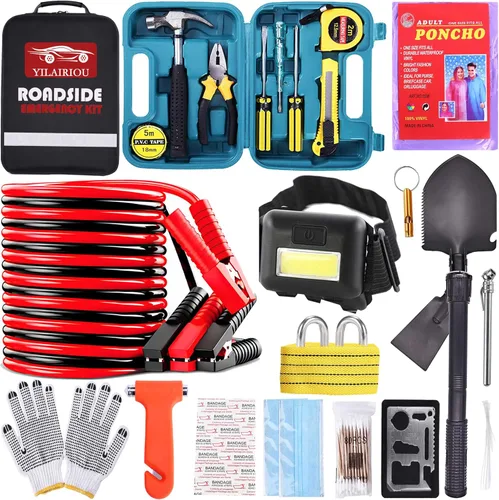 Miniatura 8 de Car Roadside Emergency Kit, with Jumper Cables Automotive Kit,Car Safety Roadside Assistance Kit Headlamp,Tow Straps, Safety Hammers, Rainwear
