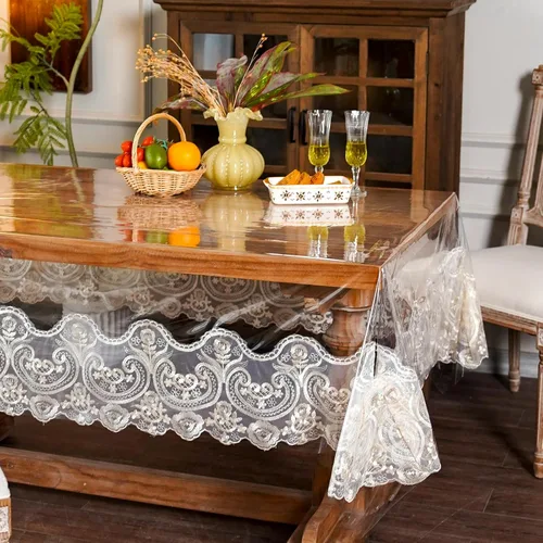 Miniatura 5 de ARTABLE Mantel rectangular de vinilo de PVC, impermeable, transparente, con borde de macramé de encaje champán, para boda, cocina, hogar