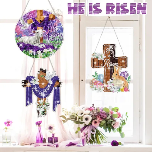 Miniatura 2 de Menkxi 3 piezas de arte de diamantes de Pascua para adultos, kit de pintura de diamante con cruz de He is resucitado, 5D, bricolaje, religioso