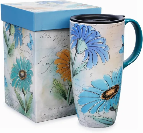 Taza de café de cerámica de 17 onzas con tapa, taza de viaje de porcelana floral de margarita, taza de café alta con asa, apta para microondas y