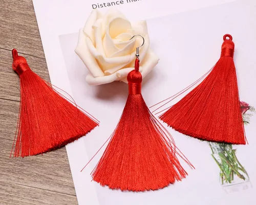 Miniatura 5 de Tupalizy 10 borlas suaves y sedosas hechas a mano con lazo para colgar marcapáginas, llaveros, aretes, pulseras, fabricación de joyas, recuerdo, Rojo