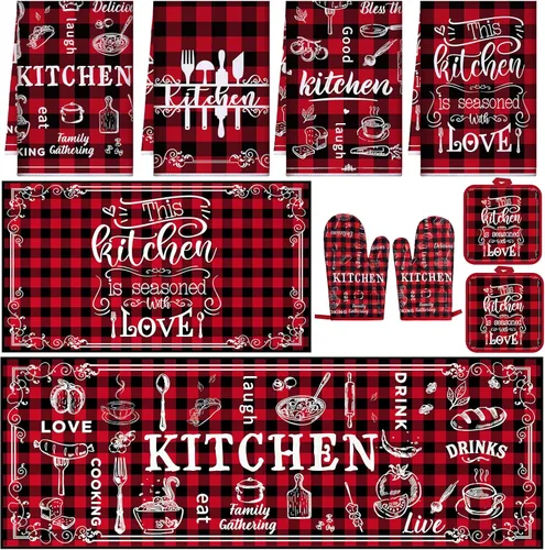 Miniatura 14 de Fourluoo Juego de 10 piezas de decoración de cocina con lazo rosa, 4 paños de cocina a cuadros rosados, 2 soportes para ollas, 2 guantes de horno, 2
