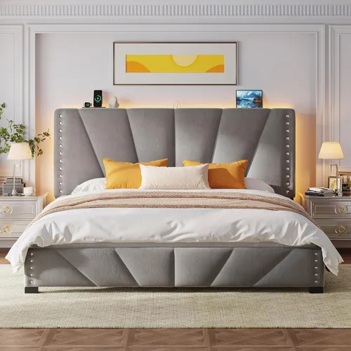 EnHomee Marco de cama tamaño King, marco de cama de terciopelo con cabecero y luz LED, marco de cama de plataforma para dormitorio, apartamento, Gris