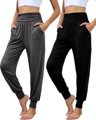 Paquete de 2 pantalones deportivos de yoga para mujer, cómodos pantalones deportivos con bolsillos, casuales, holgados, cómodos y de cintura alta