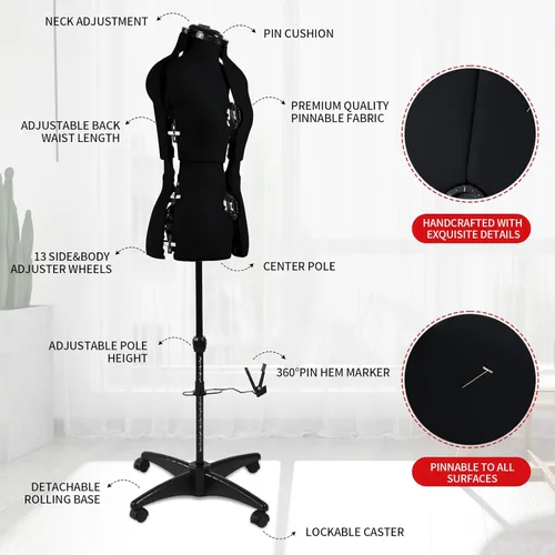Miniatura 5 de maniquí de vestido negro ajustable para costura, forma de cuerpo femenino, tallas 6-14, con 13 diales y ruedas desmontables, rango de altura