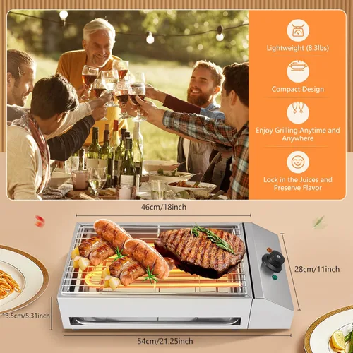 Miniatura 2 de Parrilla eléctrica de 1800 W para interiores, parrilla comercial portátil sin humo con control de temperatura, para barbacoa, restaurante