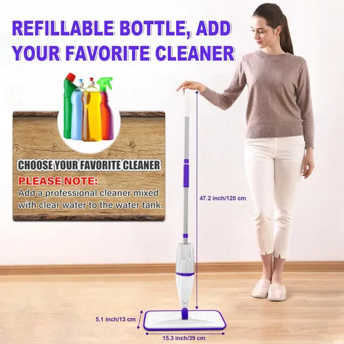 Miniatura 6 de Trapeadores en aerosol para limpieza de suelos de madera dura: mopas húmedas EXEGO con 5 almohadillas recargables de microfibra para Swiffer Morado